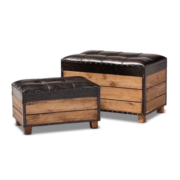 Baxton Studio Marelli Dark Brown Upholstered 2-Piece Wood Storage Trunk Ottoman Set - 153-9198