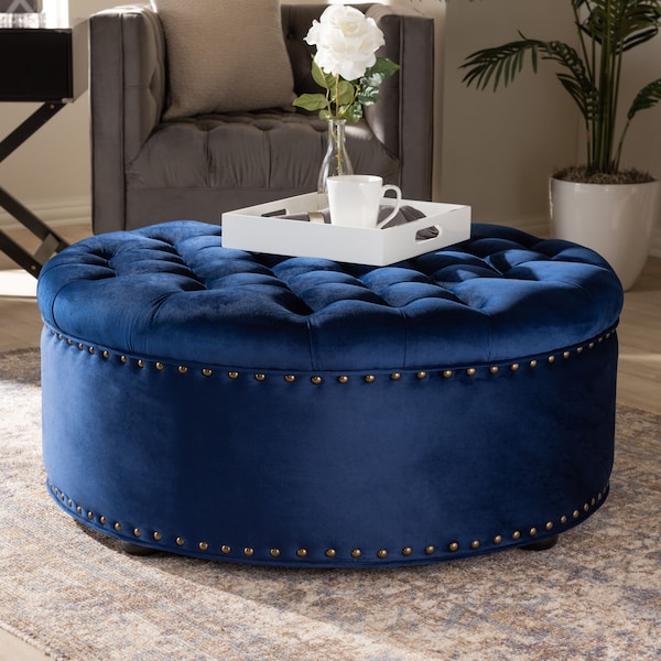 Baxton Studio Iglehart Royal Blue Velvet Upholstered Tufted Cocktail Ottoman - 154-9363