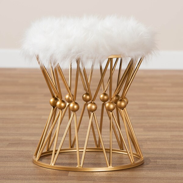 Baxton Studio Leonie White Faux Fur Upholstered Gold Finished Metal Ottoman - 161-10274