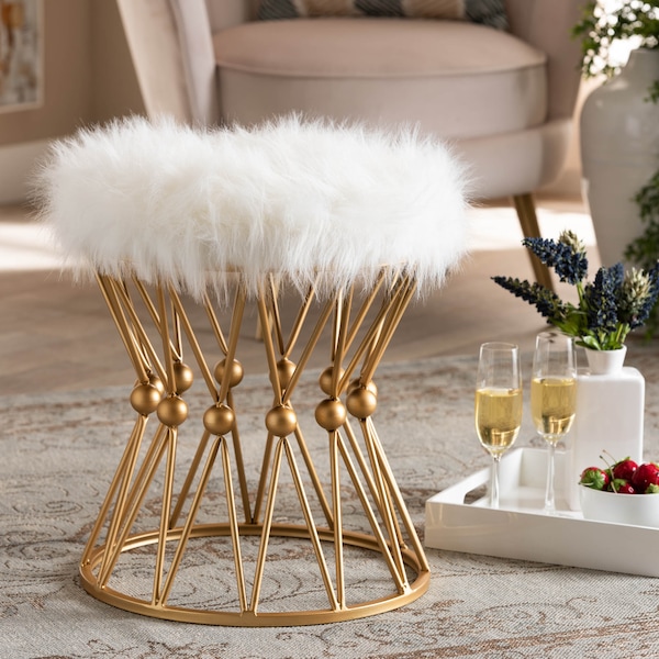 Baxton Studio Leonie White Faux Fur Upholstered Gold Finished Metal Ottoman - 161-10274