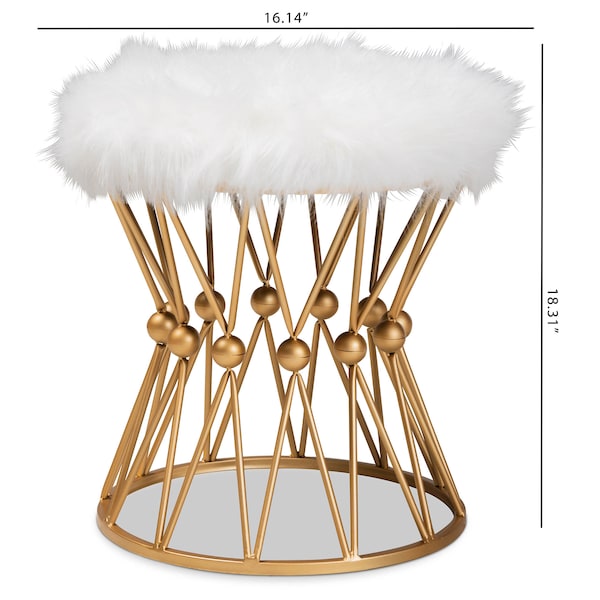 Baxton Studio Leonie White Faux Fur Upholstered Gold Finished Metal Ottoman - 161-10274