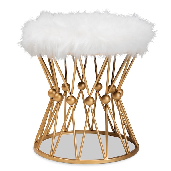 Baxton Studio Leonie White Faux Fur Upholstered Gold Finished Metal Ottoman - 161-10274
