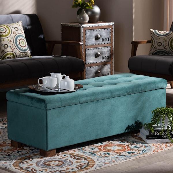 Baxton Studio Roanoke Teal Blue Velvet Upholstered Grid-Tufted Storage Ottoman Bench - 160-9930