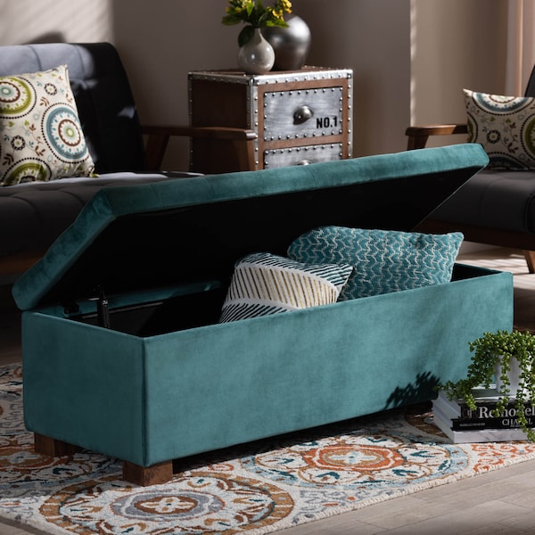 Baxton Studio Roanoke Teal Blue Velvet Upholstered Grid-Tufted Storage Ottoman Bench - 160-9930
