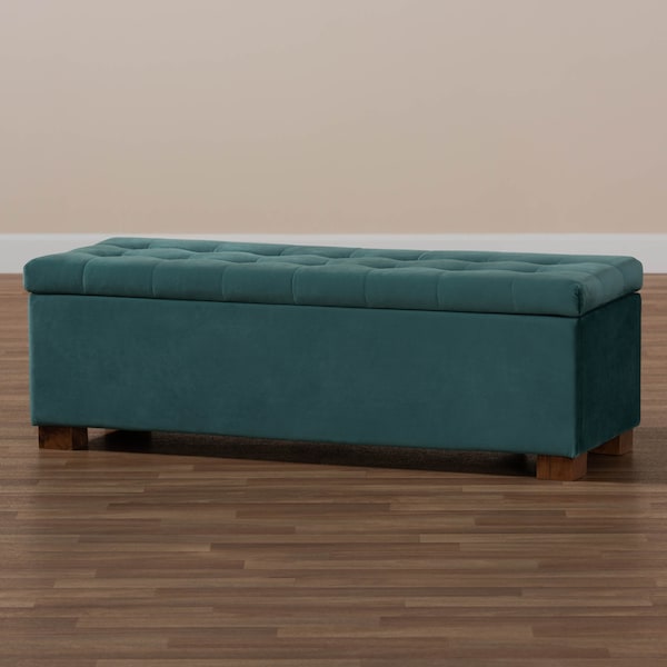 Baxton Studio Roanoke Teal Blue Velvet Upholstered Grid-Tufted Storage Ottoman Bench - 160-9930