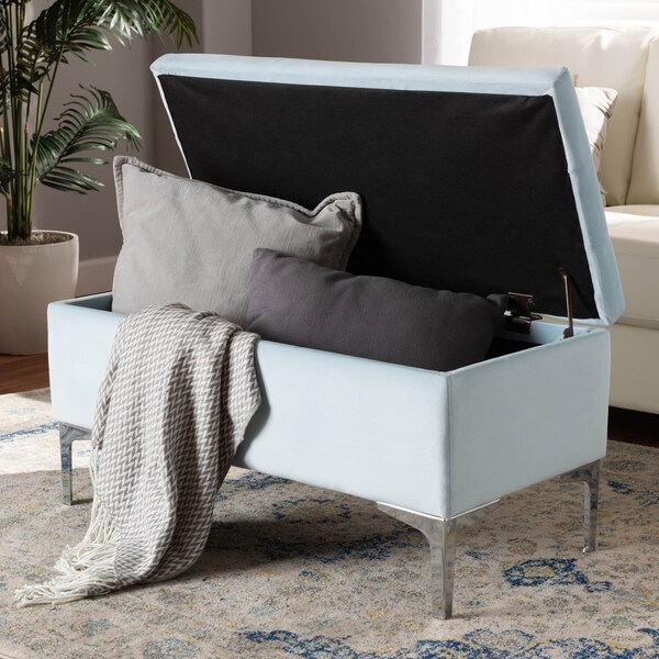 Baxton Studio Mabel Blue Velvet Upholstered Silver Finished Storage Ottoman - 165-10677