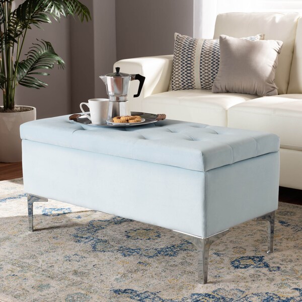 Baxton Studio Mabel Blue Velvet Upholstered Silver Finished Storage Ottoman - 165-10677