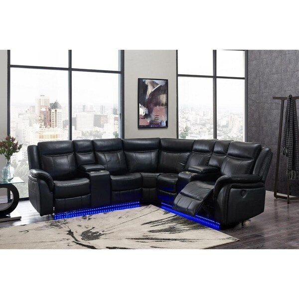 Homeroots 42 x 29 x 191 in. Power Reclining Sectional Sofa in Black Leather Air - 383800