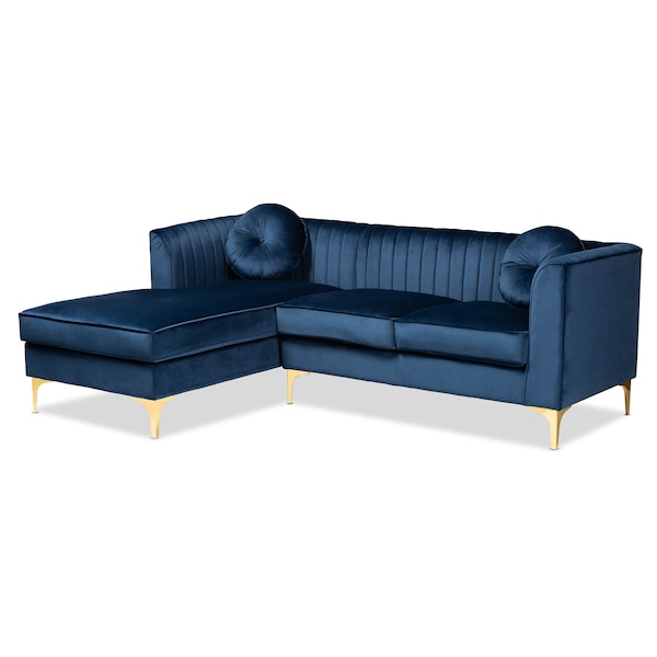 Baxton Studio Giselle Blue Velvet Gold Finished Left Facing Sectional with Chaise - 159-9869