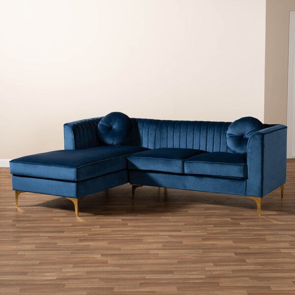 Baxton Studio Giselle Blue Velvet Gold Finished Left Facing Sectional with Chaise - 159-9869