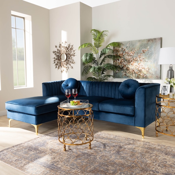 Baxton Studio Giselle Blue Velvet Gold Finished Left Facing Sectional with Chaise - 159-9869