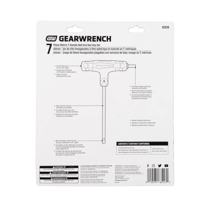 Set de Llaves Hexagonales en T de Extremo de Bola Métricas de GEARWRENCH (7 piezas) - 83516