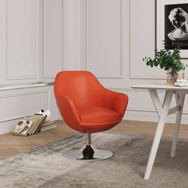 Manhattan Comfort Caisson Faux Leather Swivel Accent Chair in Orange and Polished Chrome - AC028-OR