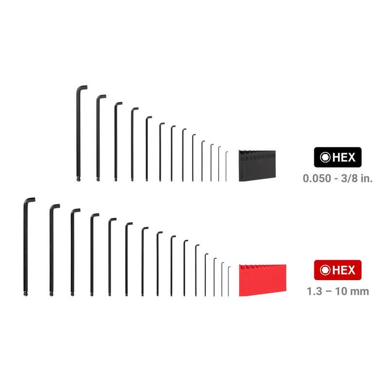 Juego de llaves hexagonales de brazo corto con extremo de bola TEKTON con portaherramientas, 28 piezas (0.050 a 3/8 pulgadas, 1.3 a 10 mm) - KLX91312