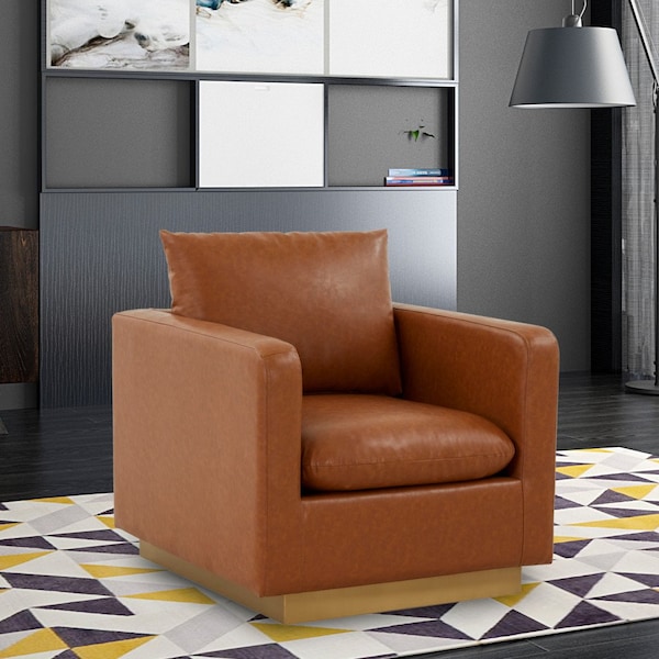Leisuremod Nervo Leather Accent Armchair with Gold Frame, Cognac Tan - NS32BR-L
