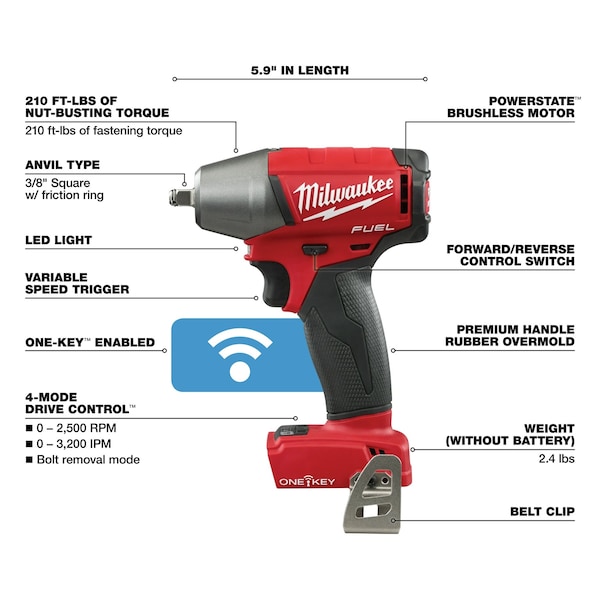 Milwaukee Tool M18 FUEL w/ONE-KEY 3/8" Compact Impact Wrench w/ Friction Ring - 2758-20
