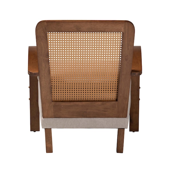 Baxton Studio Sage Modern Japandi Light Grey Fabric and Walnut Brown Finished Wood Arm Chair with Woven Rattan - 242-13560-ZORO