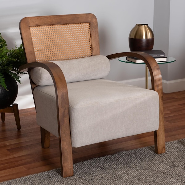 Baxton Studio Sage Modern Japandi Light Grey Fabric and Walnut Brown Finished Wood Arm Chair with Woven Rattan - 242-13560-ZORO