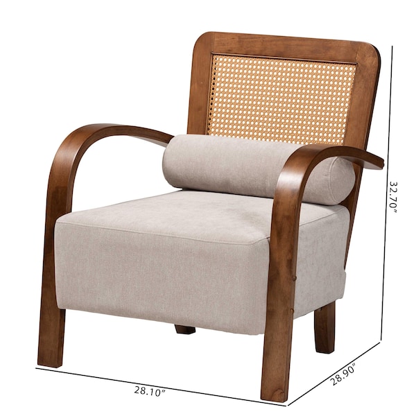 Baxton Studio Sage Modern Japandi Light Grey Fabric and Walnut Brown Finished Wood Arm Chair with Woven Rattan - 242-13560-ZORO