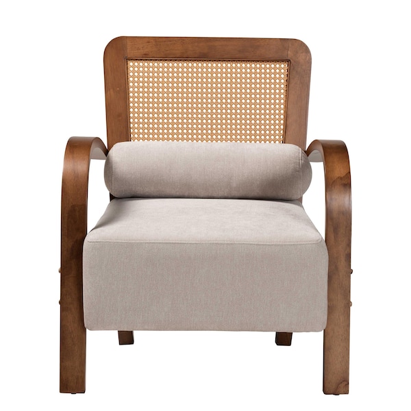 Baxton Studio Sage Modern Japandi Light Grey Fabric and Walnut Brown Finished Wood Arm Chair with Woven Rattan - 242-13560-ZORO