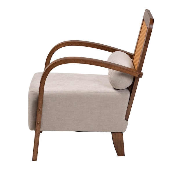 Baxton Studio Sage Modern Japandi Light Grey Fabric and Walnut Brown Finished Wood Arm Chair with Woven Rattan - 242-13560-ZORO