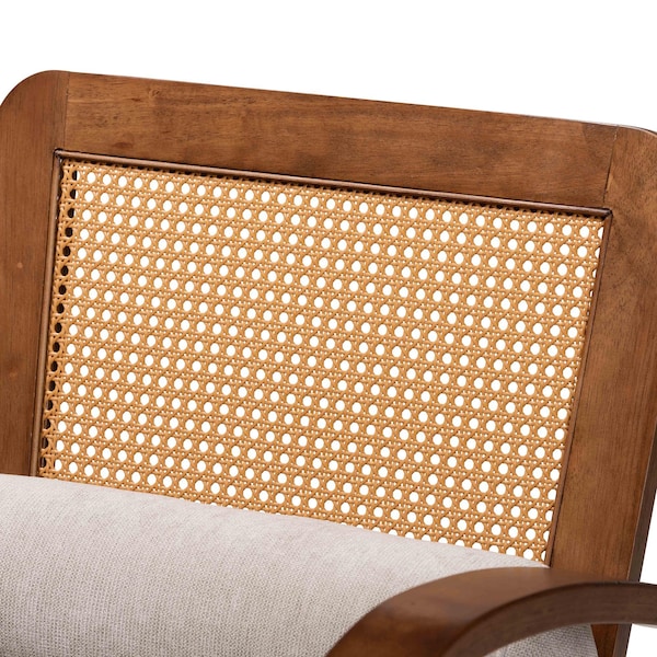 Baxton Studio Sage Modern Japandi Light Grey Fabric and Walnut Brown Finished Wood Arm Chair with Woven Rattan - 242-13560-ZORO