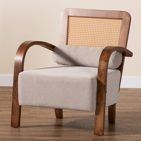 Baxton Studio Sage Modern Japandi Light Grey Fabric and Walnut Brown Finished Wood Arm Chair with Woven Rattan - 242-13560-ZORO