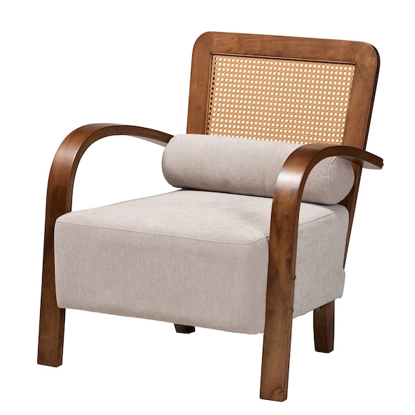 Baxton Studio Sage Modern Japandi Light Grey Fabric and Walnut Brown Finished Wood Arm Chair with Woven Rattan - 242-13560-ZORO