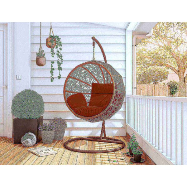 Manhattan Comfort Zolo Hanging Lounge Egg Swing Chair in Red and Saddle Brown - OD-HC001-RD