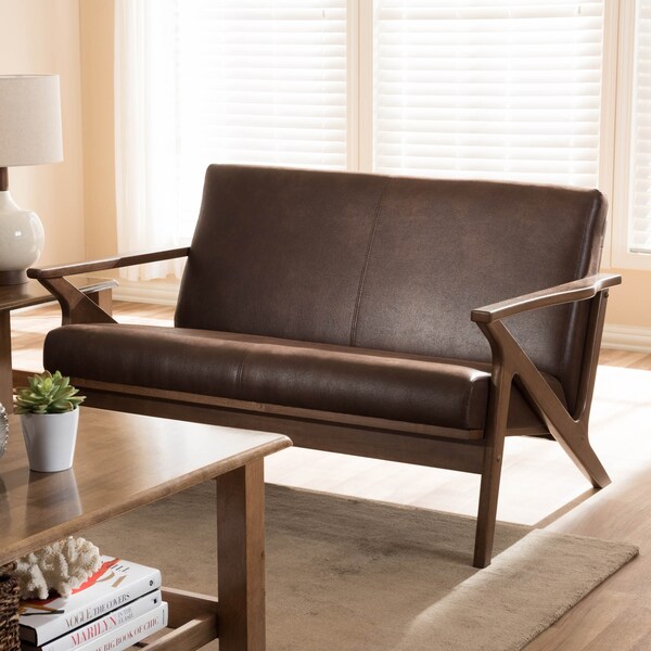 Baxton Studio Bianca Walnut Wood Dark Brown Distressed Faux Leather 2-Seater - 140-7545