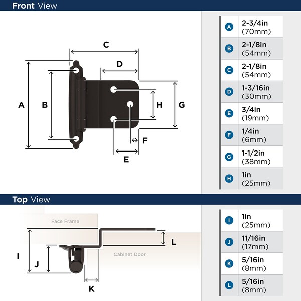 Amerock 3/8in 10 mm Inset Self-Closing, Face Mount Oil-Rubbed Bronze Hinge, 10PK - TENR3428ORB