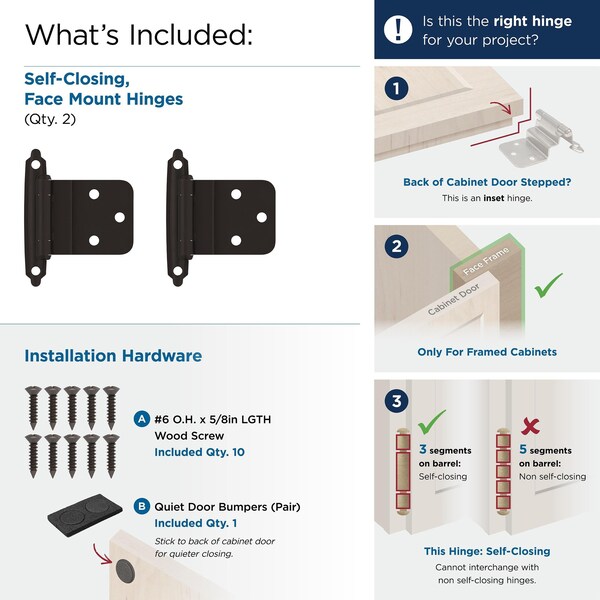 Amerock 3/8in 10 mm Inset Self-Closing, Face Mount Oil-Rubbed Bronze Hinge, 10PK - TENR3428ORB