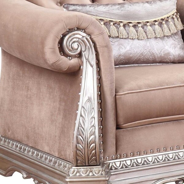 Homeroots 42 x 48 x 42 in. Velvet Antique Champagne Upholstery Poly-Resin Chair with 1 Pillow - 347294