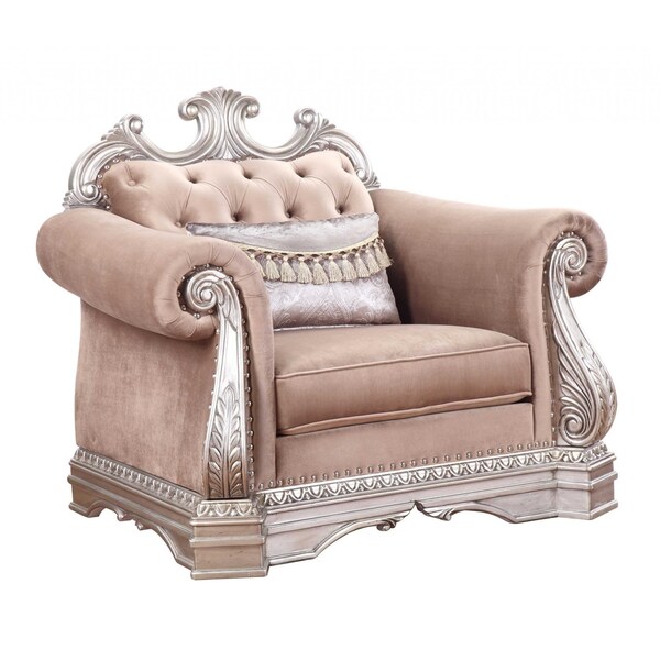 Homeroots 42 x 48 x 42 in. Velvet Antique Champagne Upholstery Poly-Resin Chair with 1 Pillow - 347294
