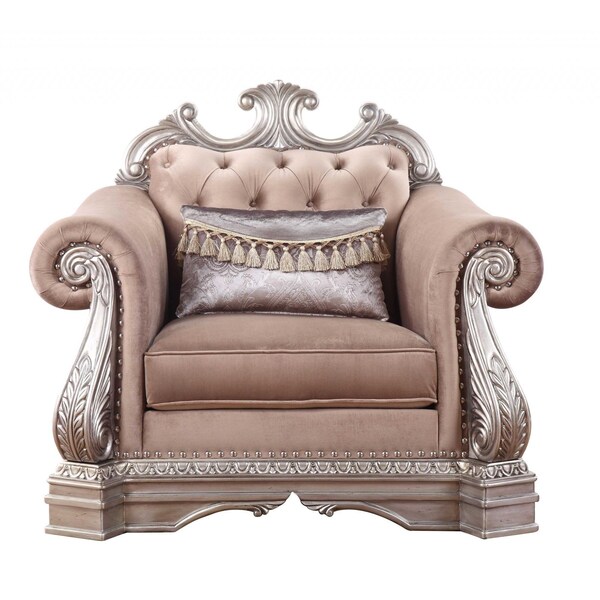 Homeroots 42 x 48 x 42 in. Velvet Antique Champagne Upholstery Poly-Resin Chair with 1 Pillow - 347294