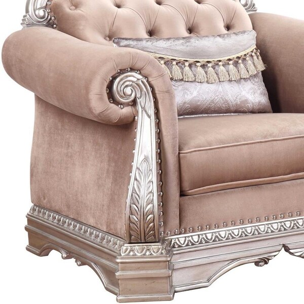 Homeroots 42 x 48 x 42 in. Velvet Antique Champagne Upholstery Poly-Resin Chair with 1 Pillow - 347294