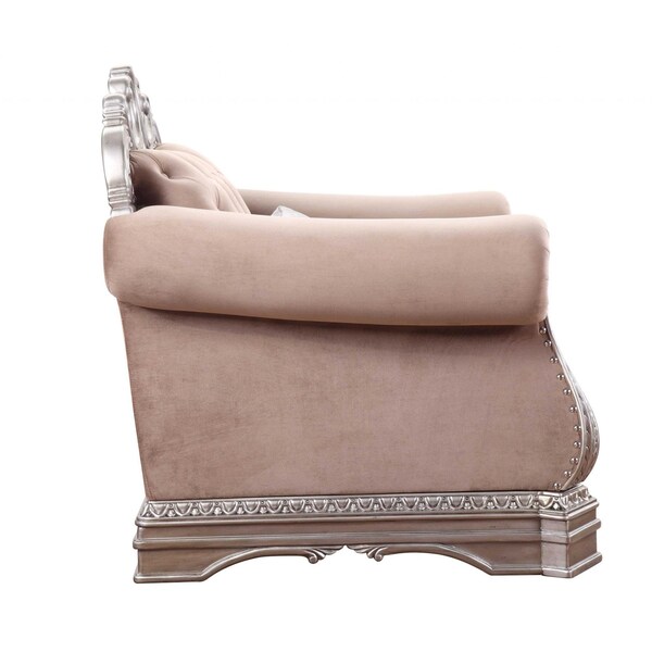 Homeroots 42 x 48 x 42 in. Velvet Antique Champagne Upholstery Poly-Resin Chair with 1 Pillow - 347294