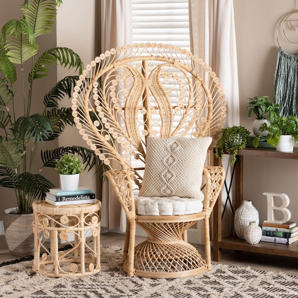 Baxton Studio Fedra Modern Bohemian Natural Brown Rattan Peacock Accent Chair - 226-13118-ZORO