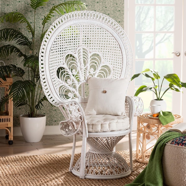 Bali & Pari Ediva Modern Bohemian White Natural Rattan Peacock Accent Chair - 238-13392-ZORO