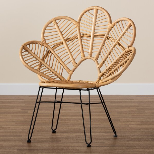Baxton Studio Garan Modern Bohemian Natural Brown Rattan and Black Metal Accent Chair - 211-12745-ZORO