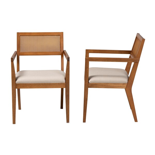 Baxton Studio Emilia Japandi Beige Fabric and Walnut Brown Finished Wood 2-Piece Arm Chair Set with Woven Rattan - 242-2PC-13431-ZORO