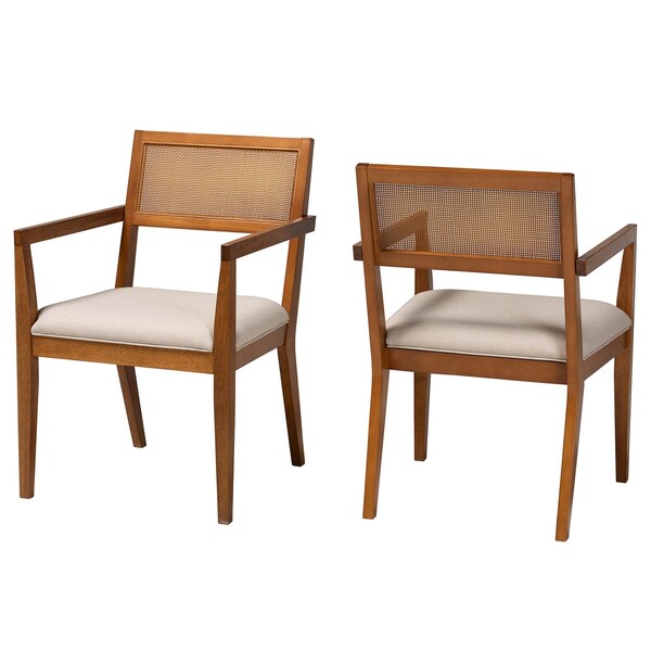 Baxton Studio Emilia Japandi Beige Fabric and Walnut Brown Finished Wood 2-Piece Arm Chair Set with Woven Rattan - 242-2PC-13431-ZORO