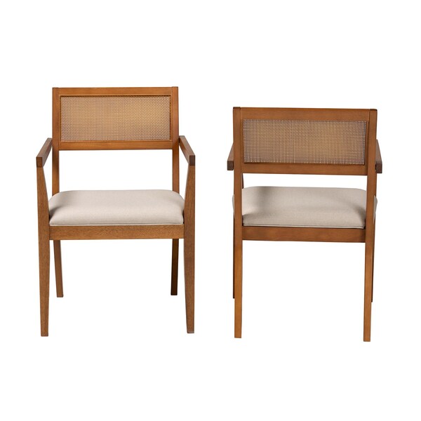 Baxton Studio Emilia Japandi Beige Fabric and Walnut Brown Finished Wood 2-Piece Arm Chair Set with Woven Rattan - 242-2PC-13431-ZORO