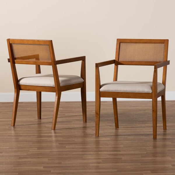 Baxton Studio Emilia Japandi Beige Fabric and Walnut Brown Finished Wood 2-Piece Arm Chair Set with Woven Rattan - 242-2PC-13431-ZORO