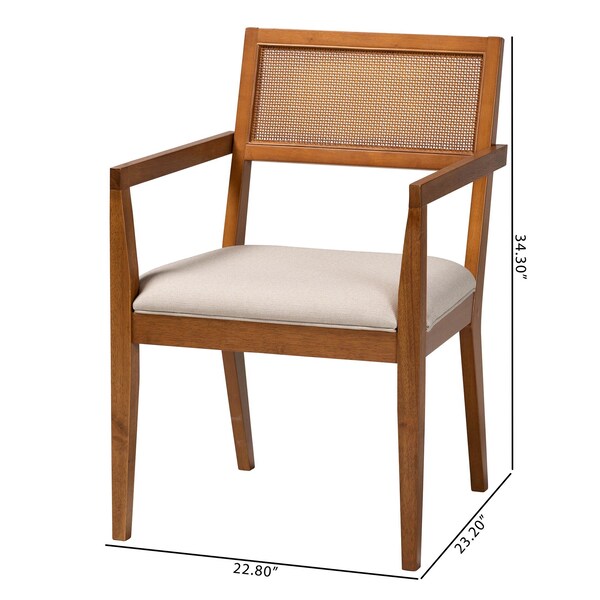 Baxton Studio Emilia Japandi Beige Fabric and Walnut Brown Finished Wood 2-Piece Arm Chair Set with Woven Rattan - 242-2PC-13431-ZORO