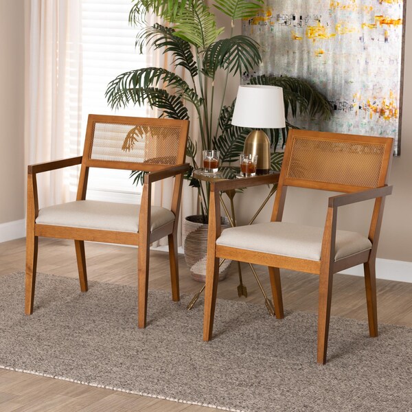 Baxton Studio Emilia Japandi Beige Fabric and Walnut Brown Finished Wood 2-Piece Arm Chair Set with Woven Rattan - 242-2PC-13431-ZORO