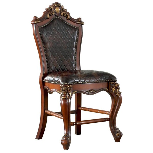 Benjara Leatherette Padded Counter Height Chair with Carvings, Brown - Set of 2 - BM225948