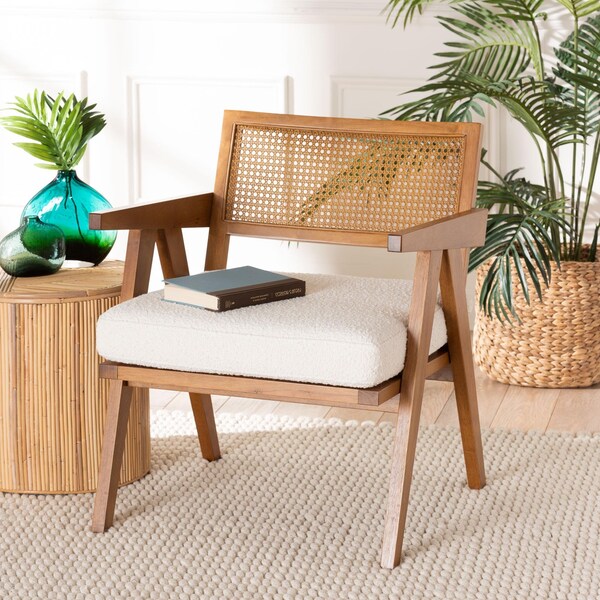 Baxton Studio Jetsam Japandi Cream Boucle Fabric and Walnut Brown Finished Wood Arm Chair - 243-13563-ZORO