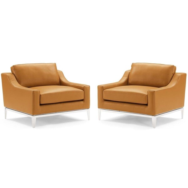 Modway Furniture Harness Stainless Steel Base Leather Armchair, Tan - Set of 2 - EEI-4202-TAN
