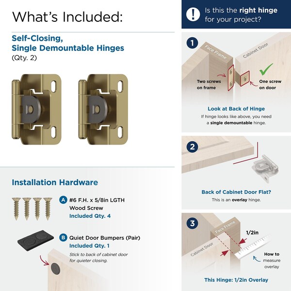 Amerock 1/2in 13mm Overlay Single Demountable Partial Wrap Golden Champagne Cabinet Hinge, 1 Pair - BPR8719BBZ